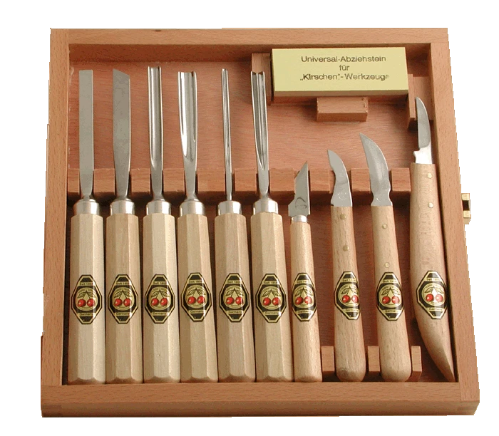 Set Of 10 Small Two Cherries Carving Tools With Stone And Presentation Box